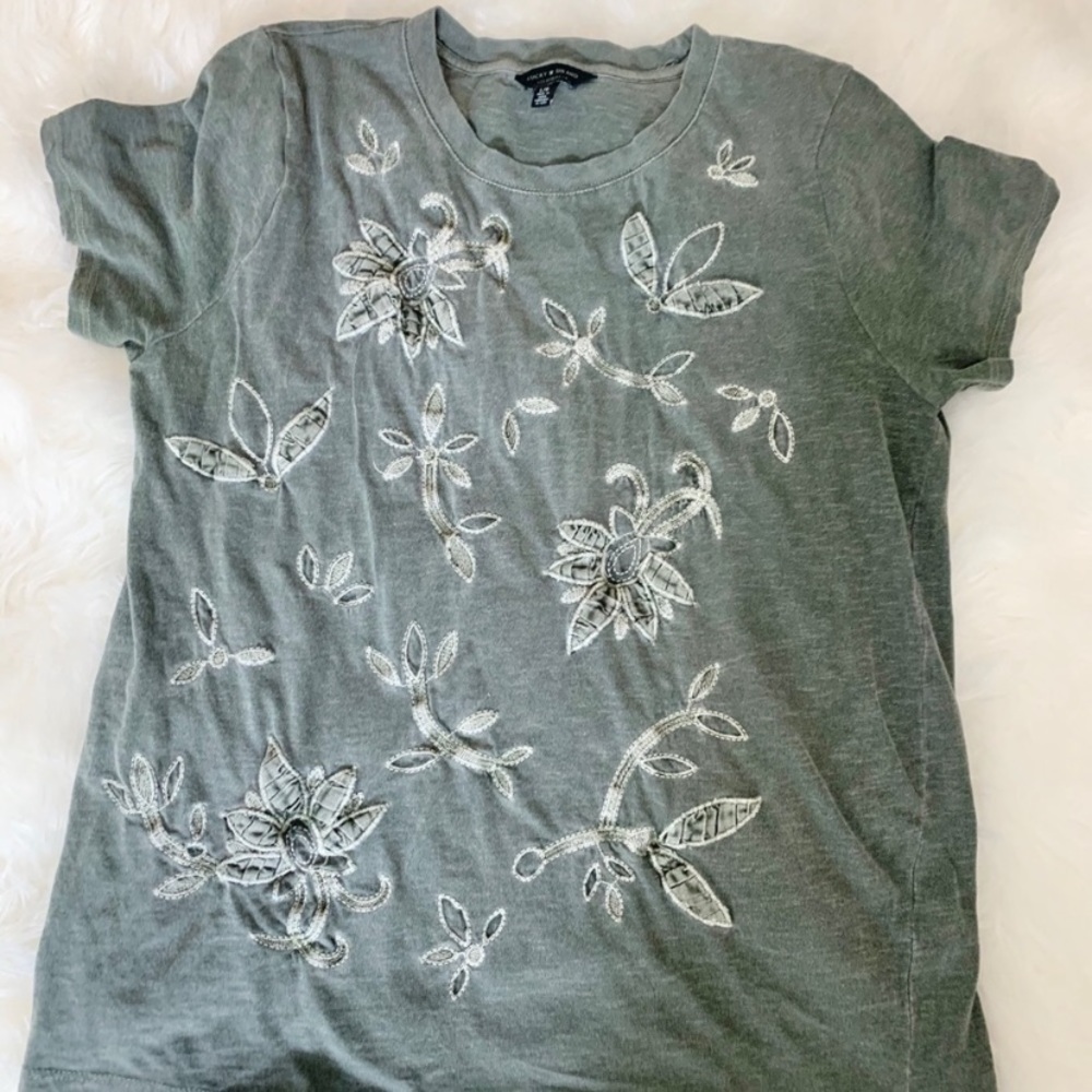 Lucky Brand | Green Floral Embroider T Shirt